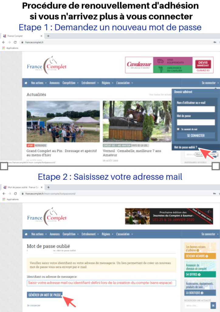 Tutoriel pour reprendre votre cotisation si vous avez perdu votre mot de passe